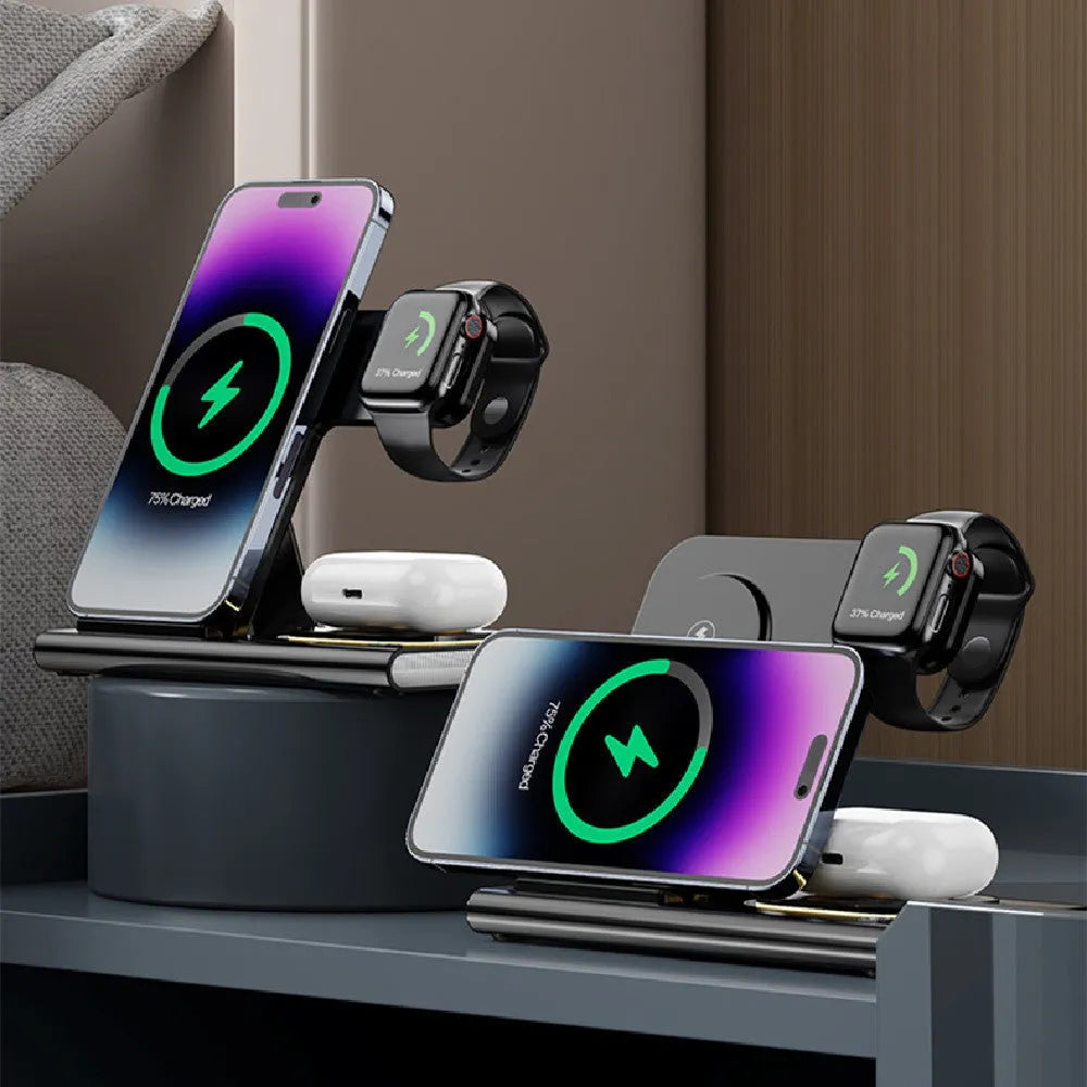 Folding four-in-one wireless charger in black with USB cable, 165mm width, plastic casing