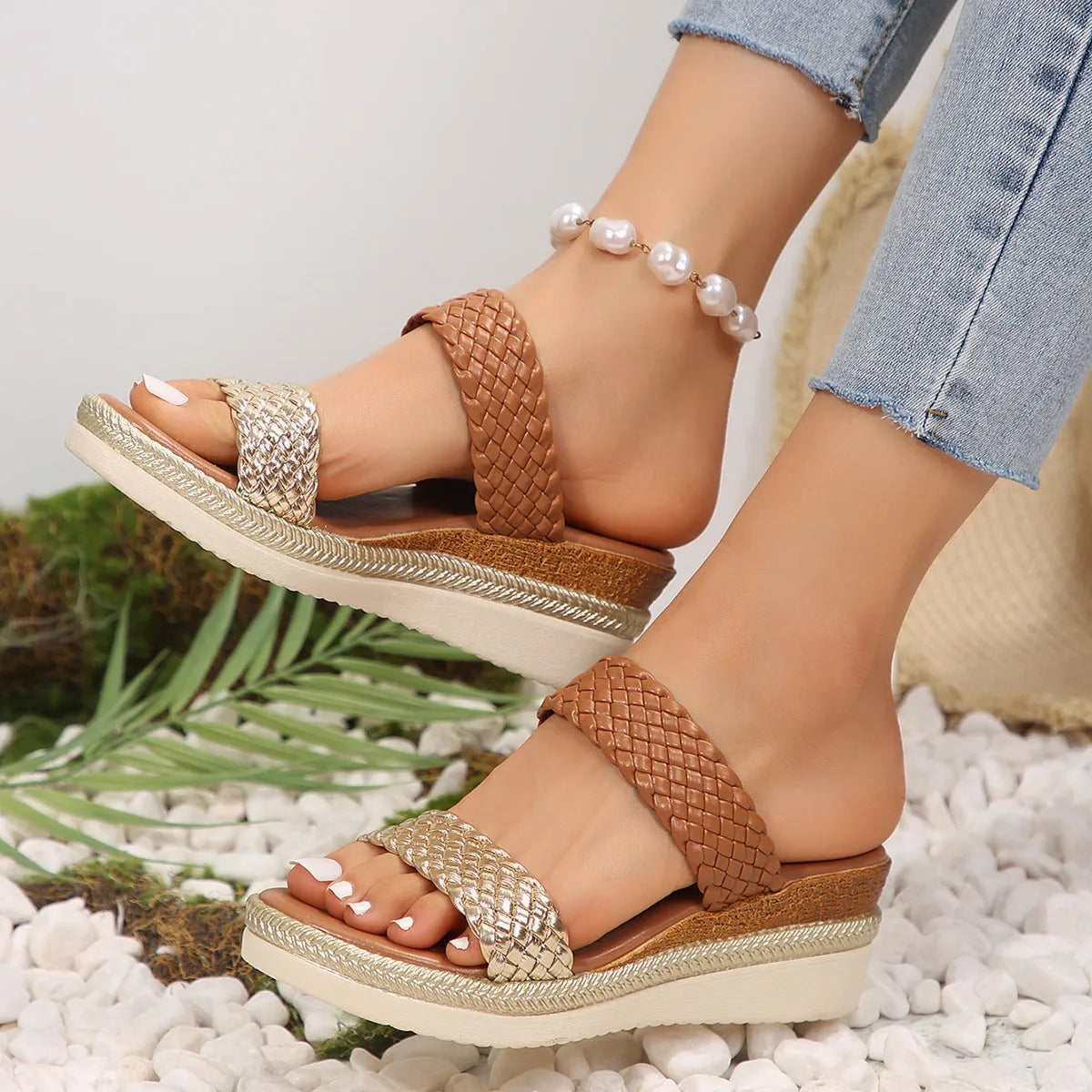 Women's plus size wedge sandals in gold metallic PU leather with rubber wedge soles