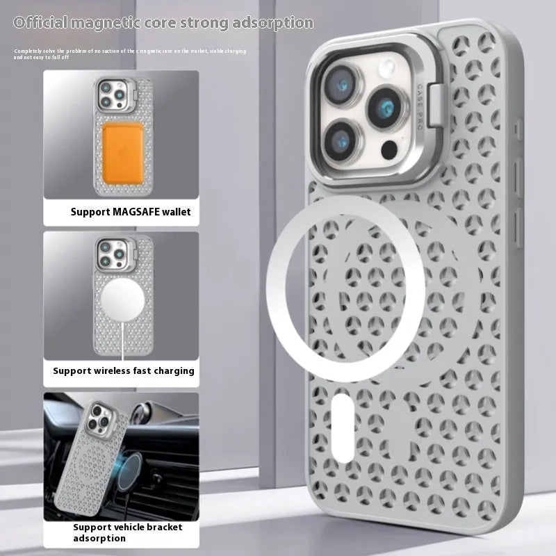 Magnetic suction lens bracket phone case for iPhone in purple, green, blue, black, silver gray or orange TPU.