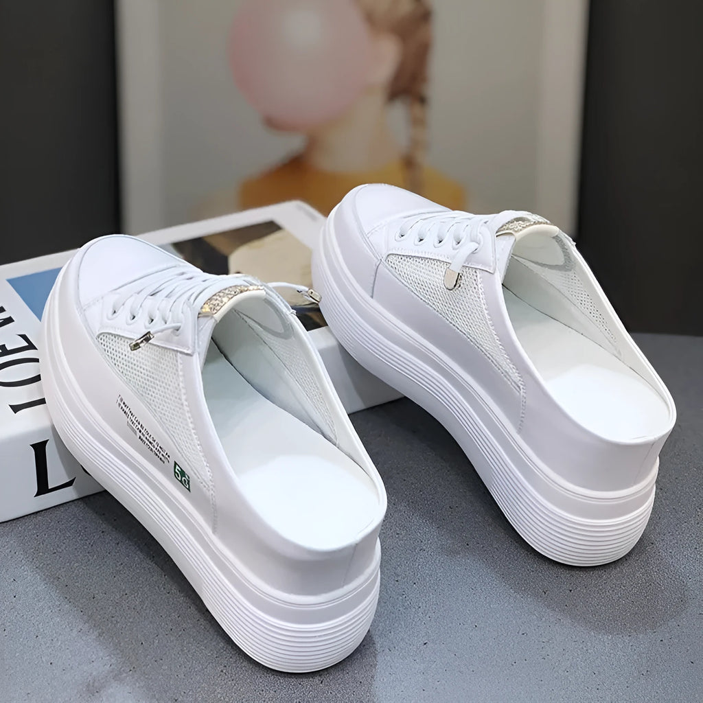 White women's mesh platform shoes with round toe and heel-free design