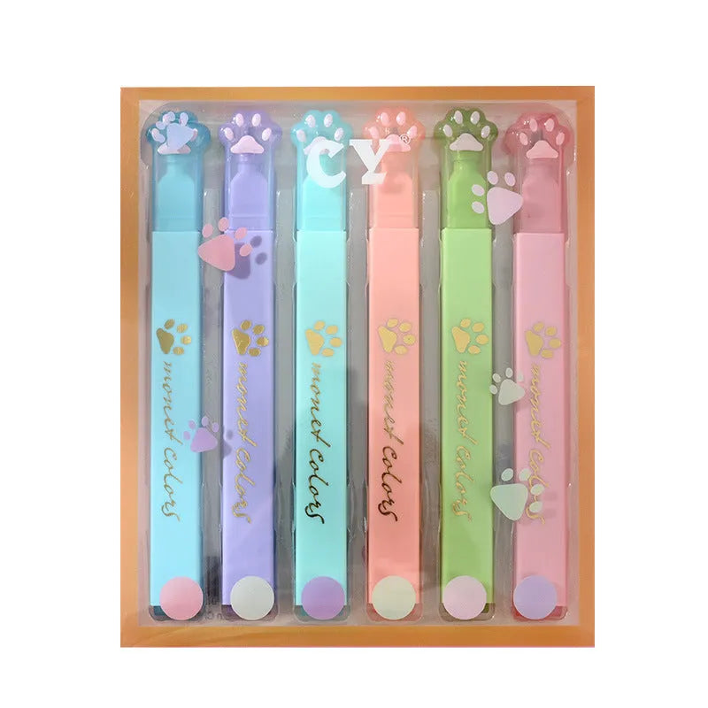 Cat's Paw fluorescent marking pen set showing six coloured pens with oblique heads in a box.