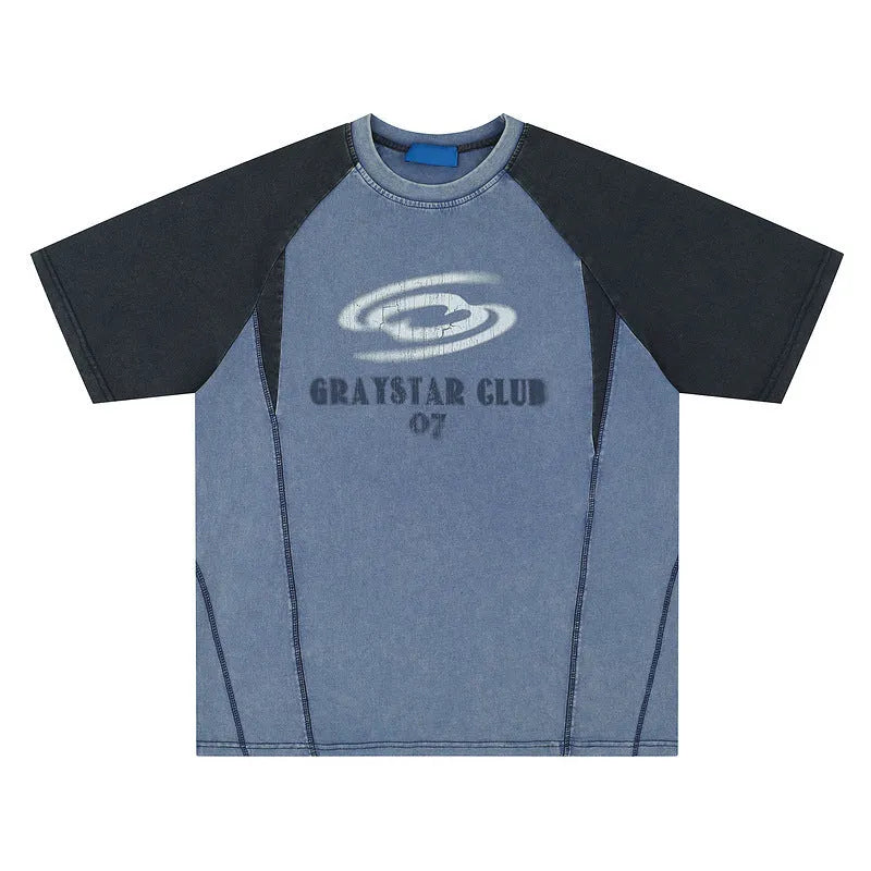 Men's blue hip hop letter print T-shirt with raglan sleeves, loose fit casual style