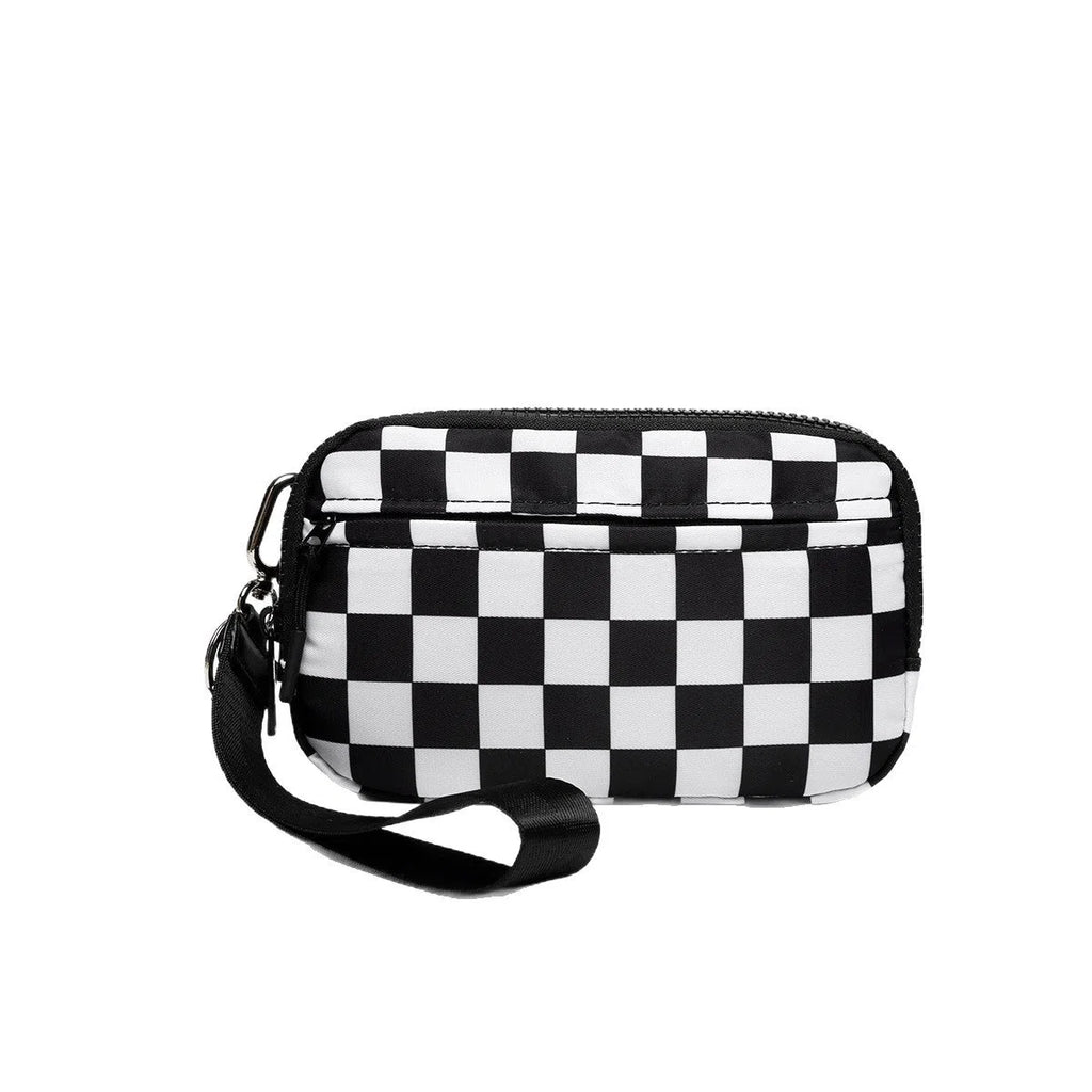Women's crossbody bag in beige plaid with single shoulder strap, soft Oxford cloth, horizontal rectangular shape, and printed design