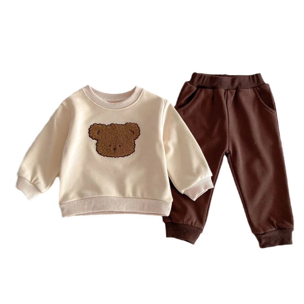 Bear long-sleeved cotton two-piece suit for babies in light beige with cartoon animal print