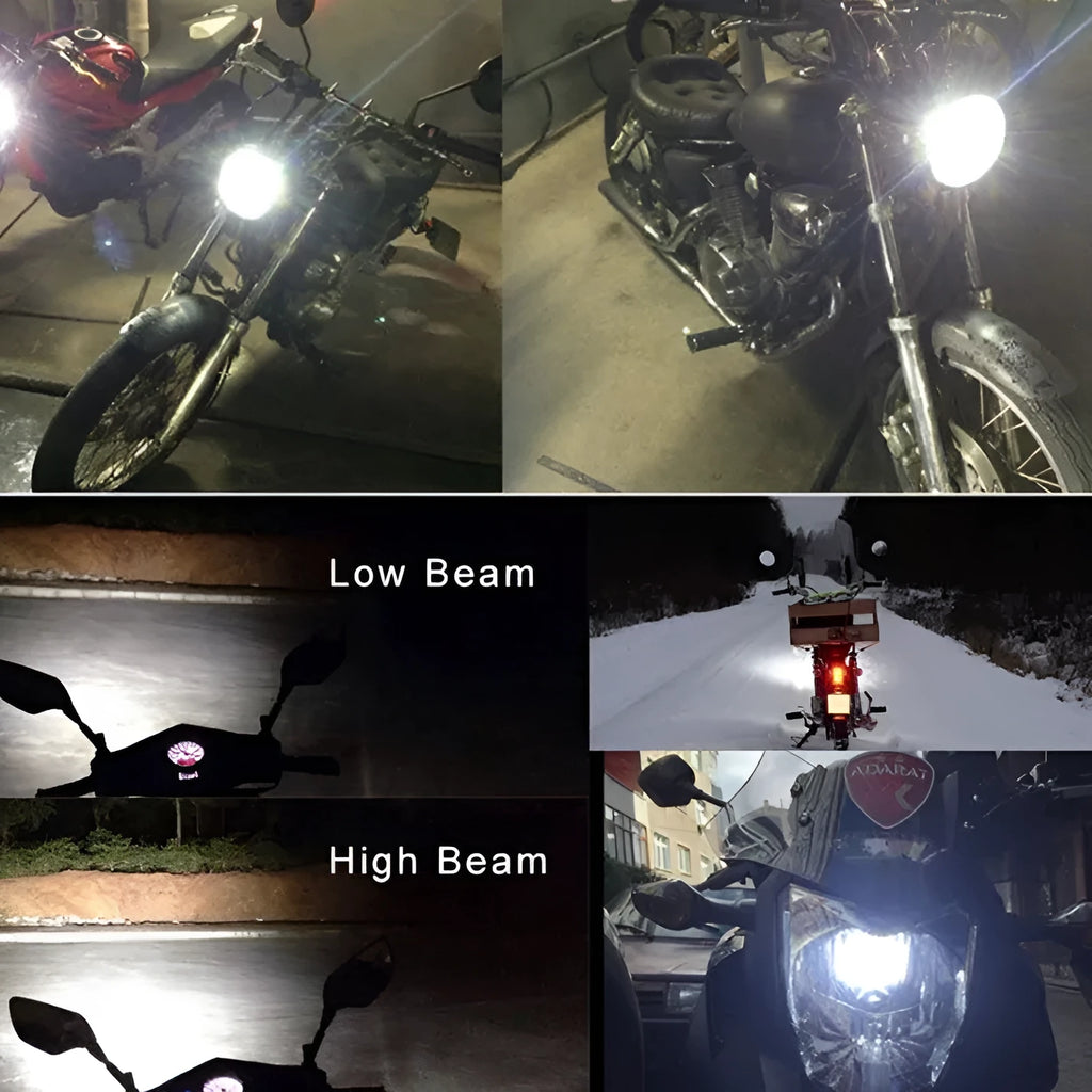 Motorcycle LED M4 H6 headlight unit with aluminium housing and white light lens.