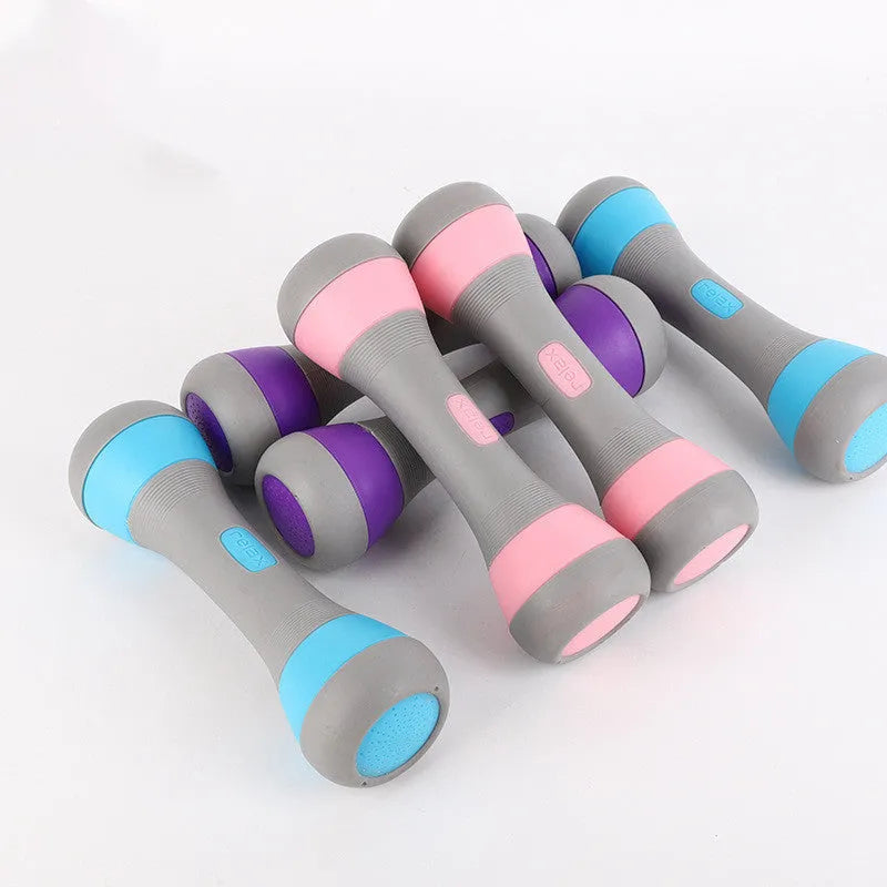 Pair of 2kg small aerobics dumbbells in blue with steel core and TPR coating on white background