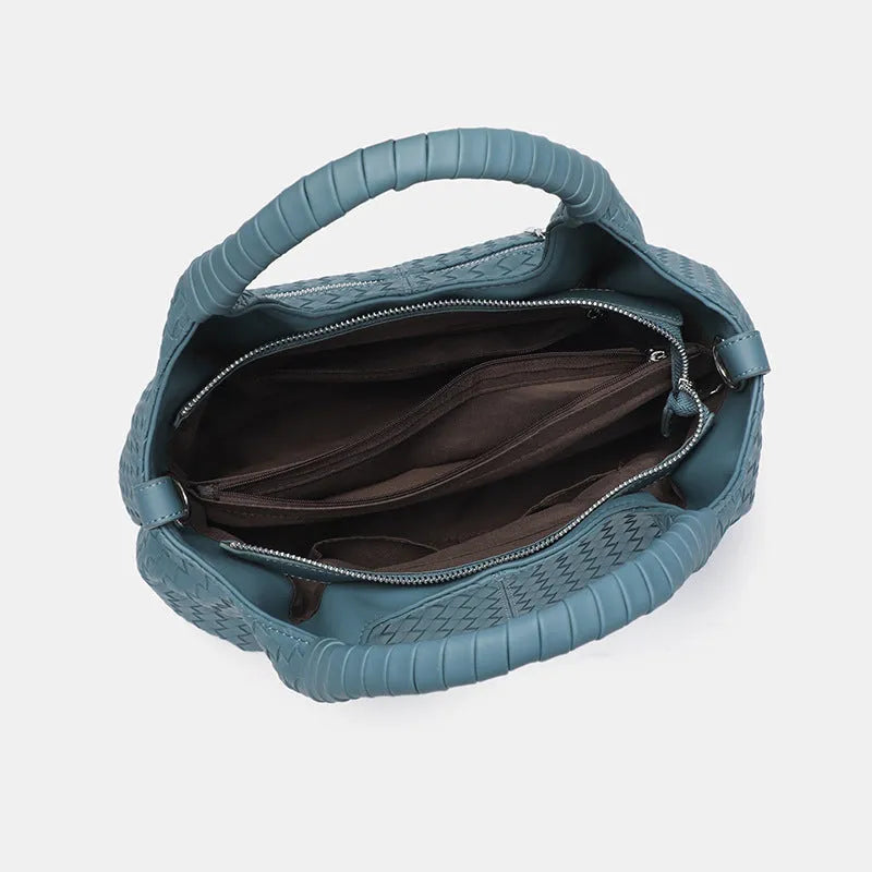 Women's woven large capacity handbag in brown, soft PU material with double shoulder straps and horizontal square shape