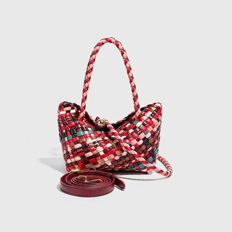Women's woven PU leather shoulder bag with colour weave pattern, 18cm length