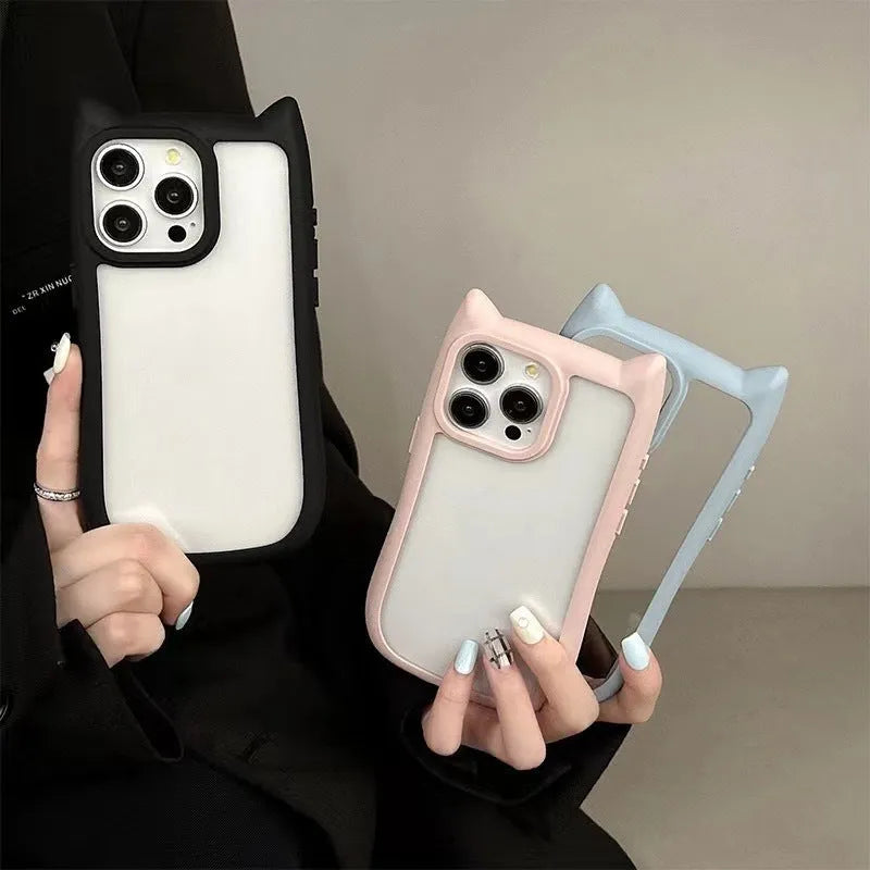 Pink PC cat ears phone case for iPhone showing shockproof design with heat dissipation