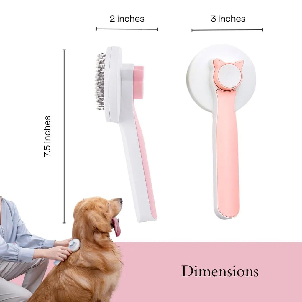 Blue grey pink self-cleaning pet grooming brush with ergonomic rubber handle.