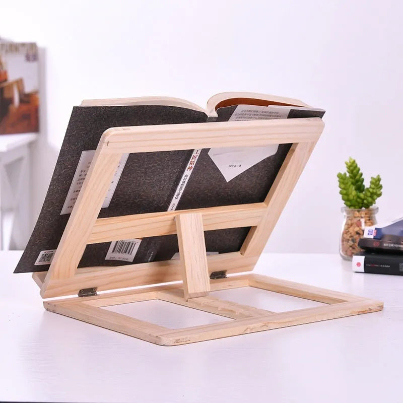 Large wooden book easel with iron clip, pine wood, 31 x 24 cm, holding an open book