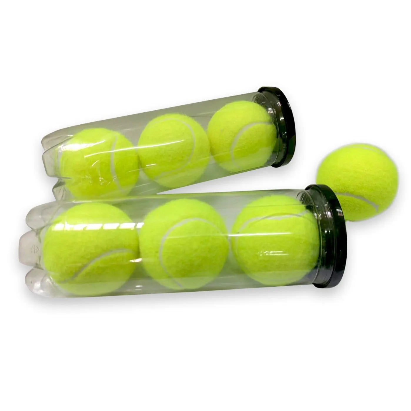 Six high elasticity rubber training tennis balls in a barrel pack showing rose red, orange, pink, green, and two-colour random options