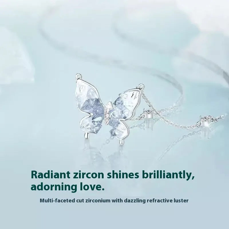 S925 silver necklace with an ice rain butterfly pendant on an adjustable O-ring chain.