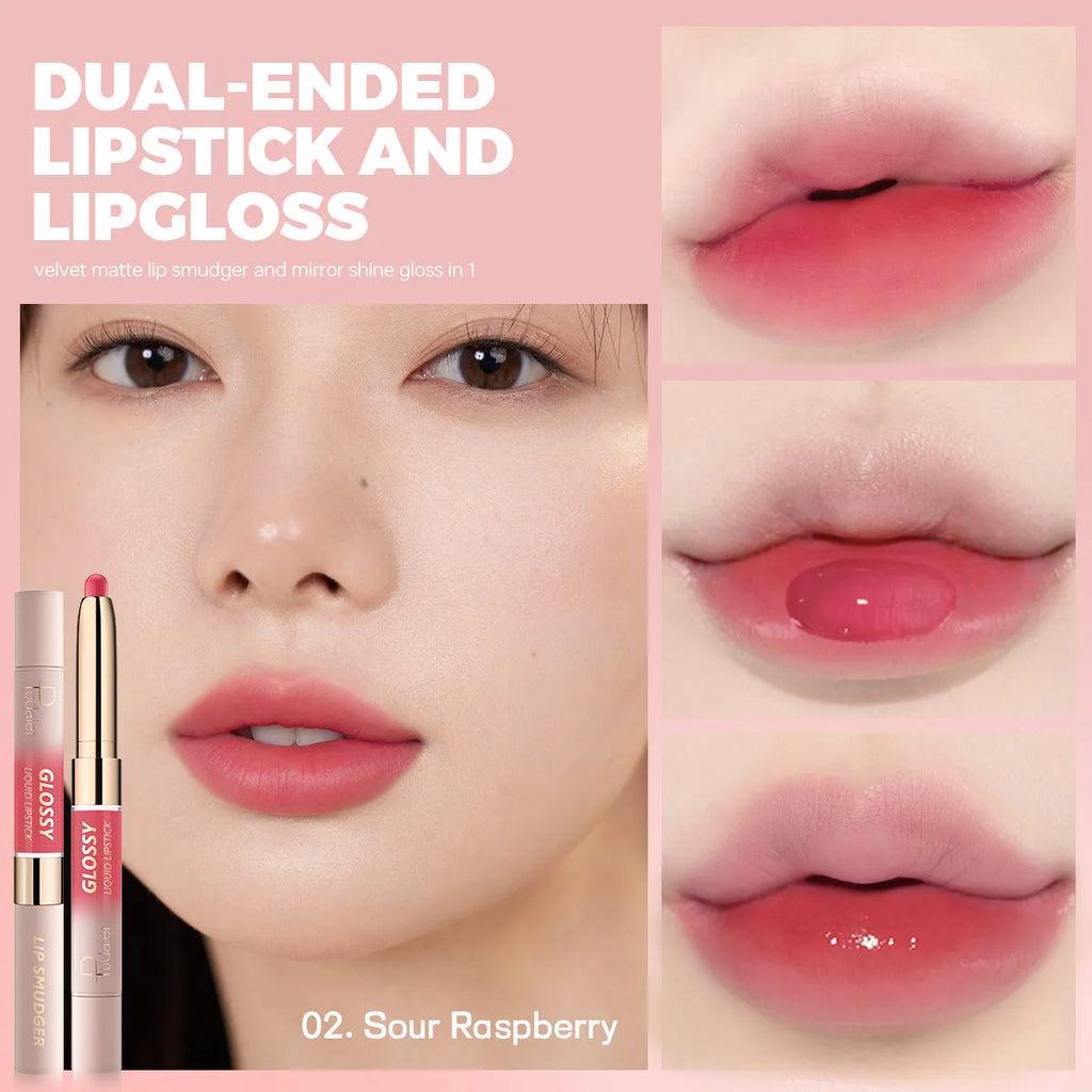 Double-headed lipstick showing matte lipstick on one end and lip gloss on the other in silver casing