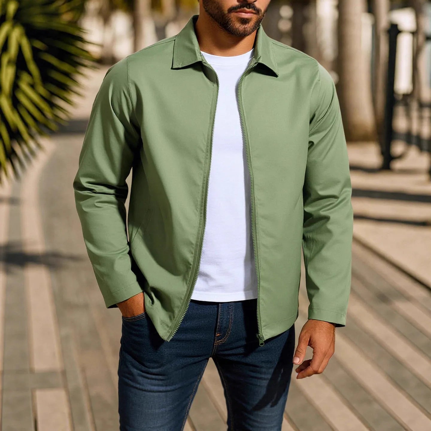 Men's green zip-up cardigan jacket with raglan sleeves laid flat.