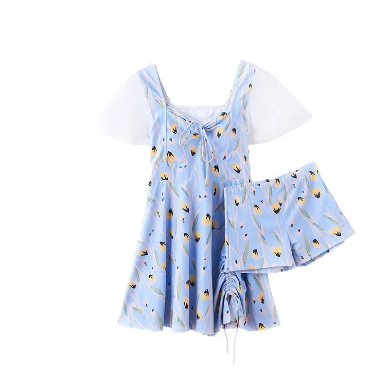 Women's sea salt blue floral one-piece swimsuit for swimming and hot springs