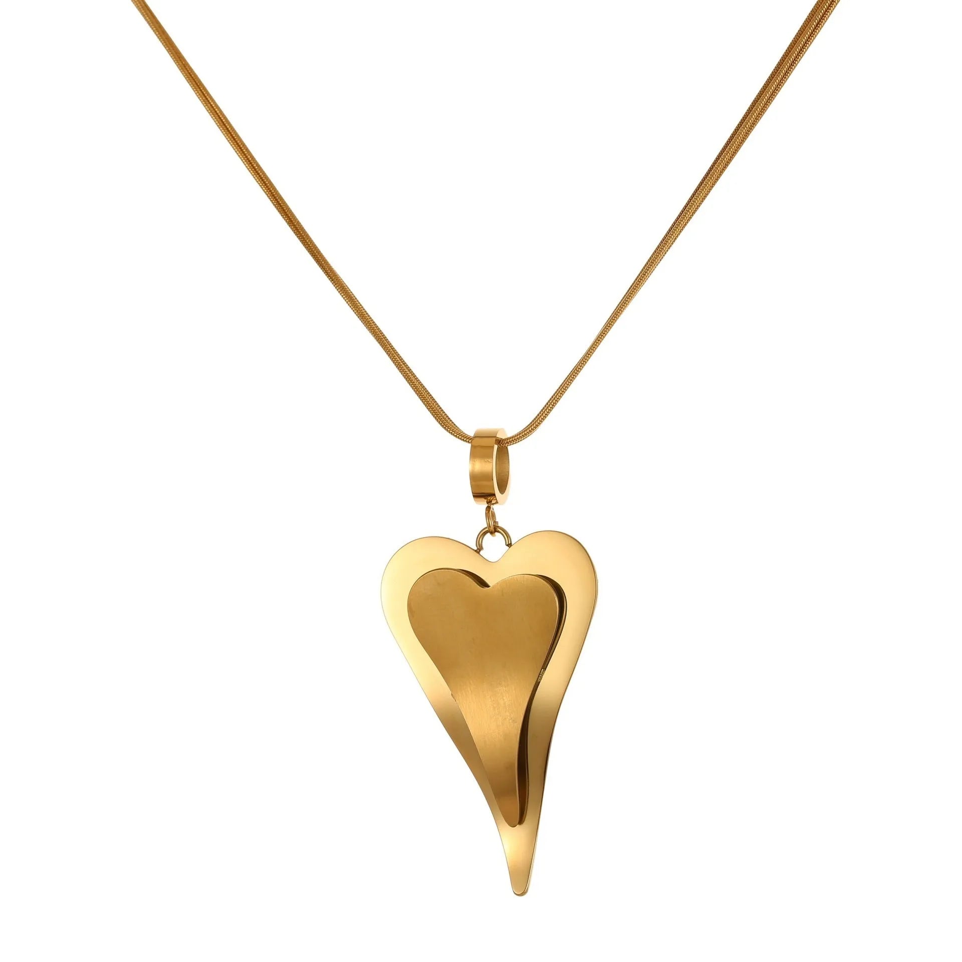 Women's stainless steel snake bones chain necklace with geometric double heart pendant