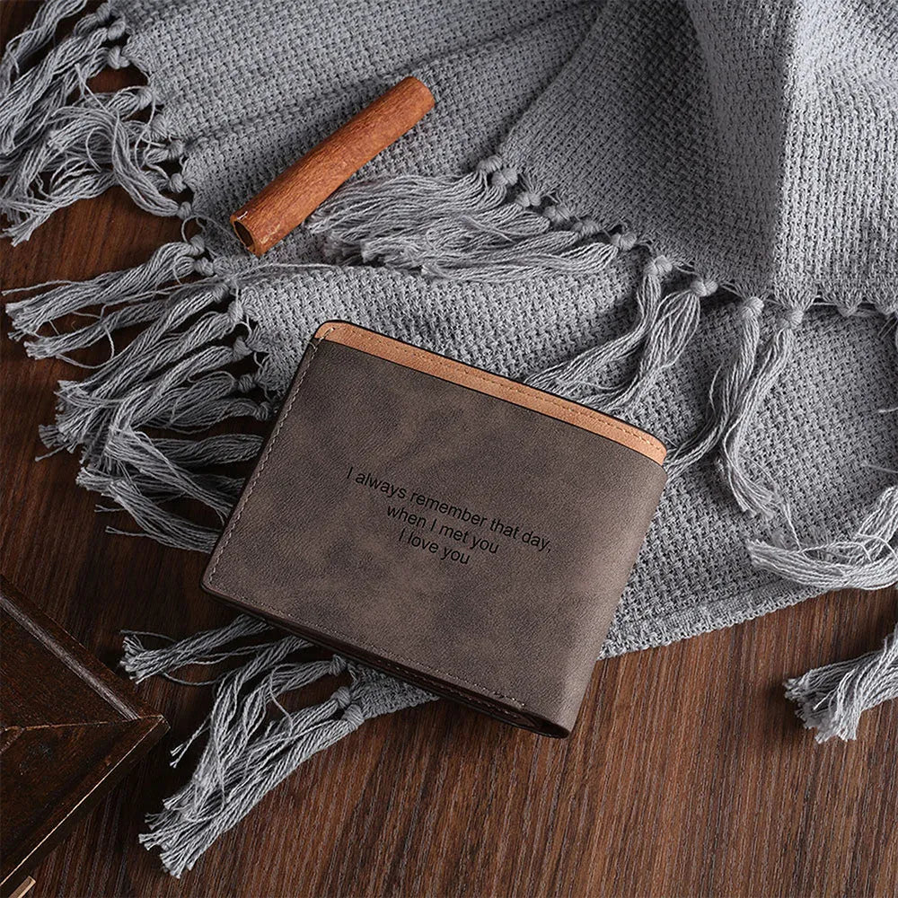 Engraved horizontal short wallet in coffee PU leather with custom photo engraving.