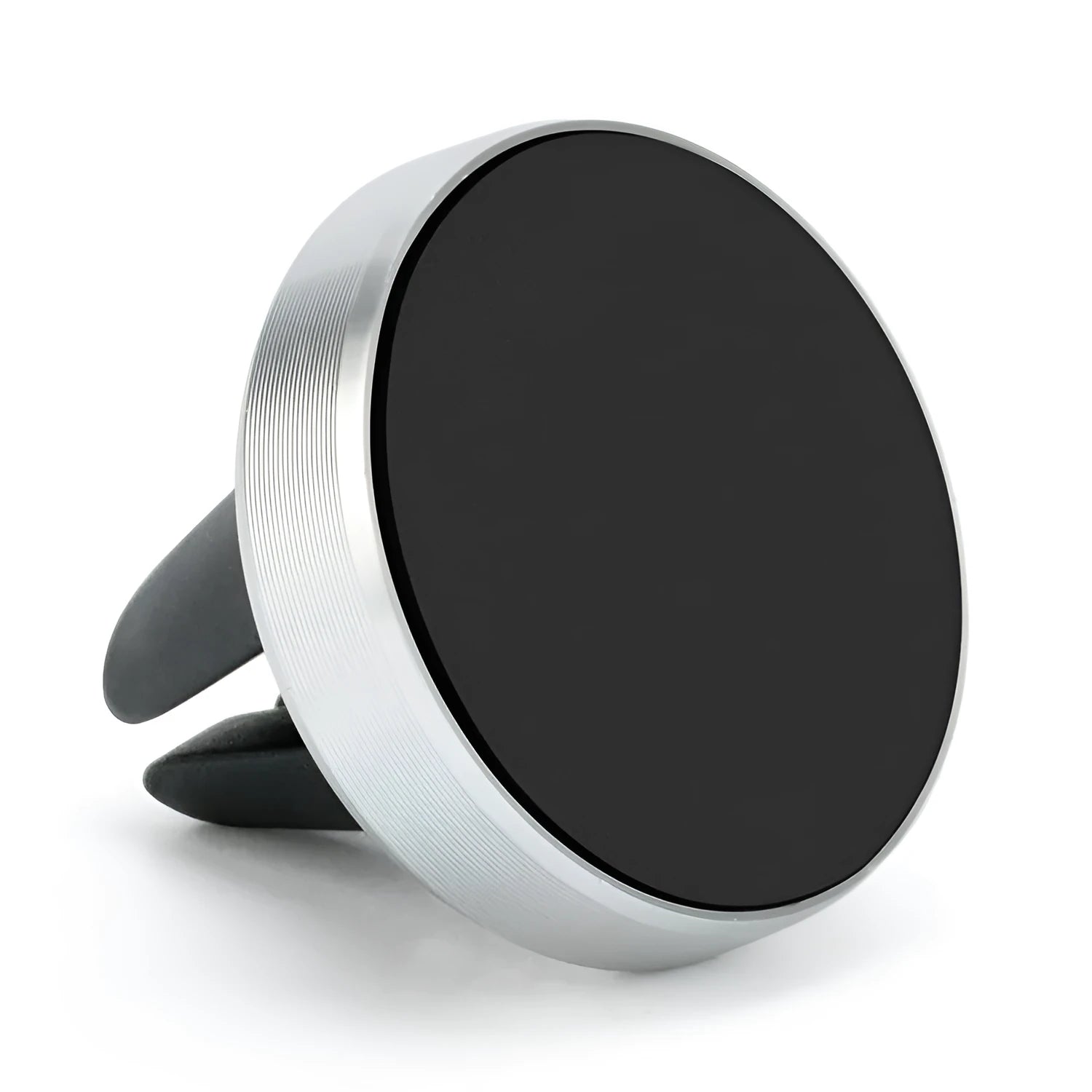Car magnetic phone holder clipped onto dashboard air vent in rose gold colour, showing compact size.