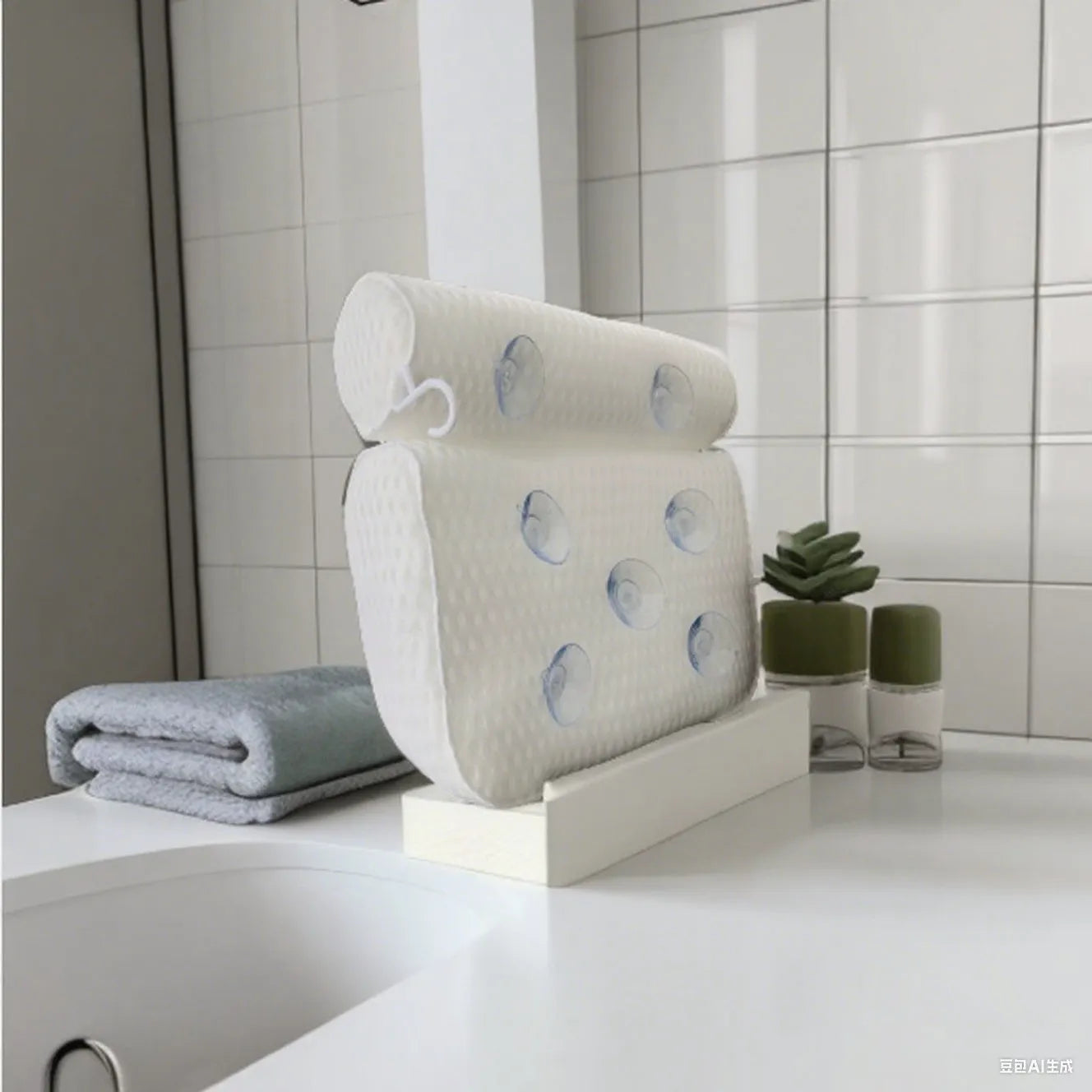 White bathtub pillow with mesh fabric and seven large suction cups on the back.