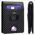 Carbon fibre leather men's wallet with anti-theft swiping, black with orange stitching detail, shown on surface