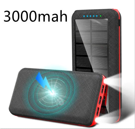 Wireless power bank with Qi charging showing three USB ports and LED flashlight in black-blue colour