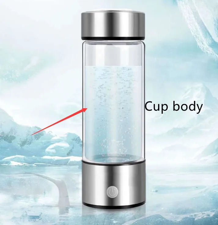 Silver hydrogen water cup with PC body, 420ml capacity, USB charging port, and titanium electrode