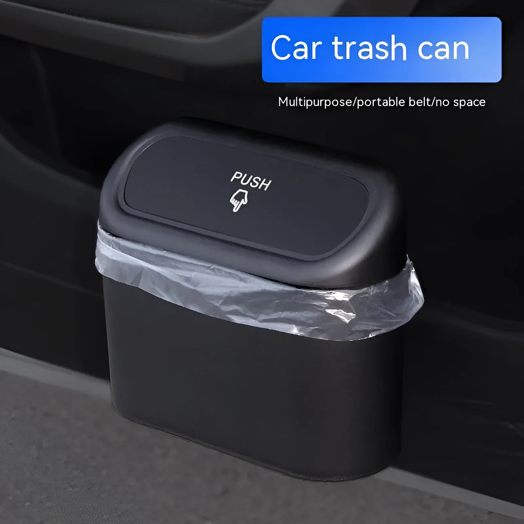 Black folding car trash bin with waterproof plastic construction for vehicle seat mounting