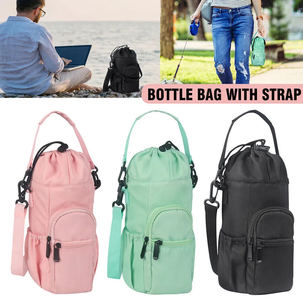 Cloth crossbody water bottle pouch in black, adjustable strap for hands-free carrying.