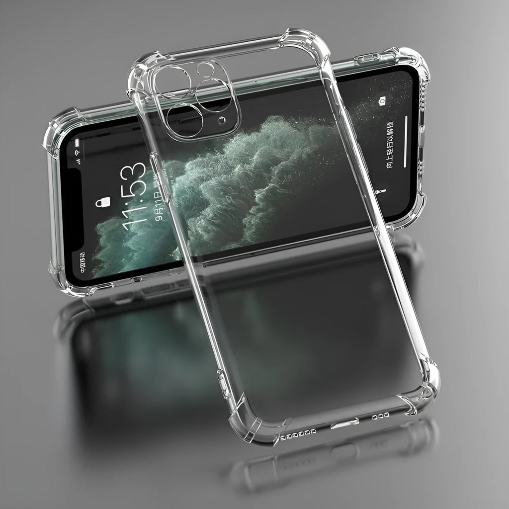Clear transparent TPU shockproof case for Apple iPhone on a white background