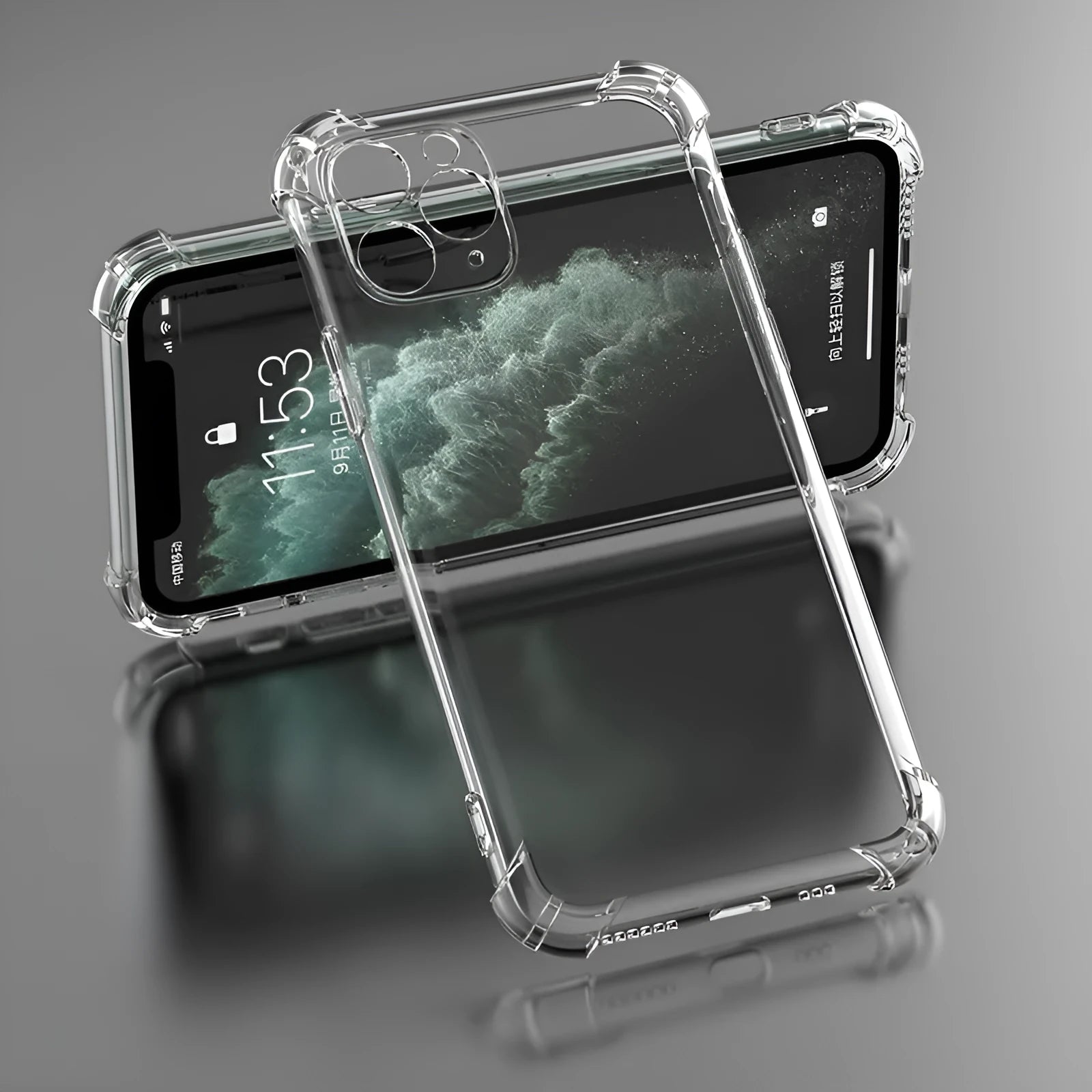 Clear transparent TPU shockproof case for Apple iPhone on a white background