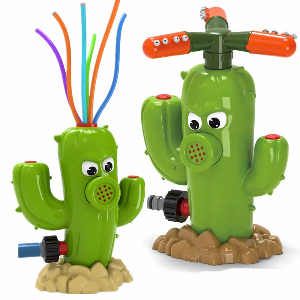 Cactus-shaped outdoor water sprinkler toy for kids connecting to a garden hose in a sunny backyard
