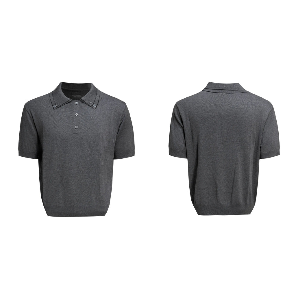 Men's black polyester short sleeve shirt with double collar lapel design and loose fit