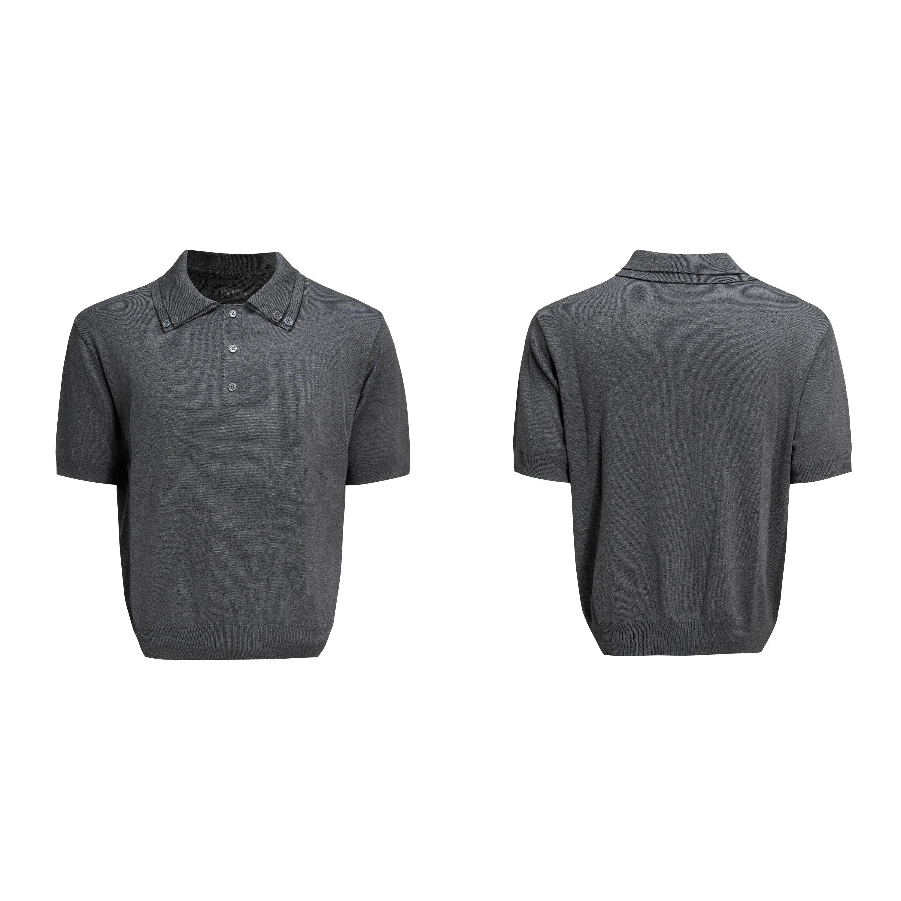 Men's black polyester short sleeve shirt with double collar lapel design and loose fit