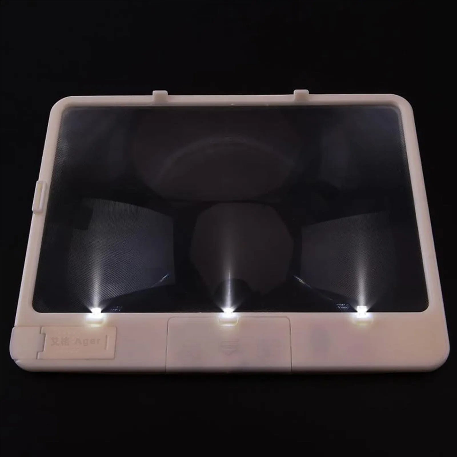 A black magnifying glass with a built-in LED light, showing 3x magnification and dimensions of 180mm by 140mm.
