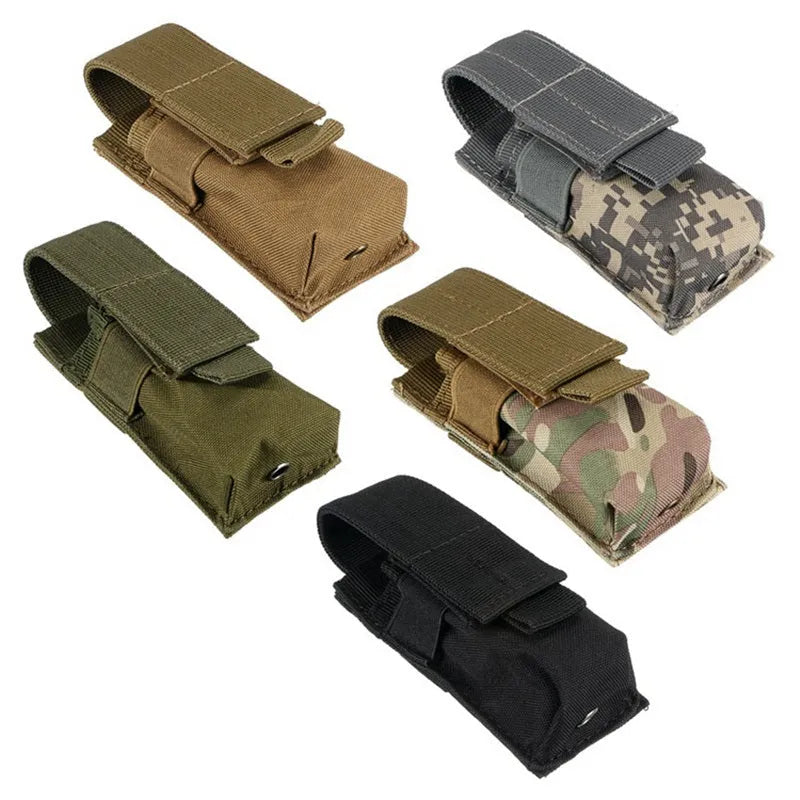 Black Molle tactical waist bag with elastic cord buckle, shown with dimensions 14cm x 5.5cm x 4cm.