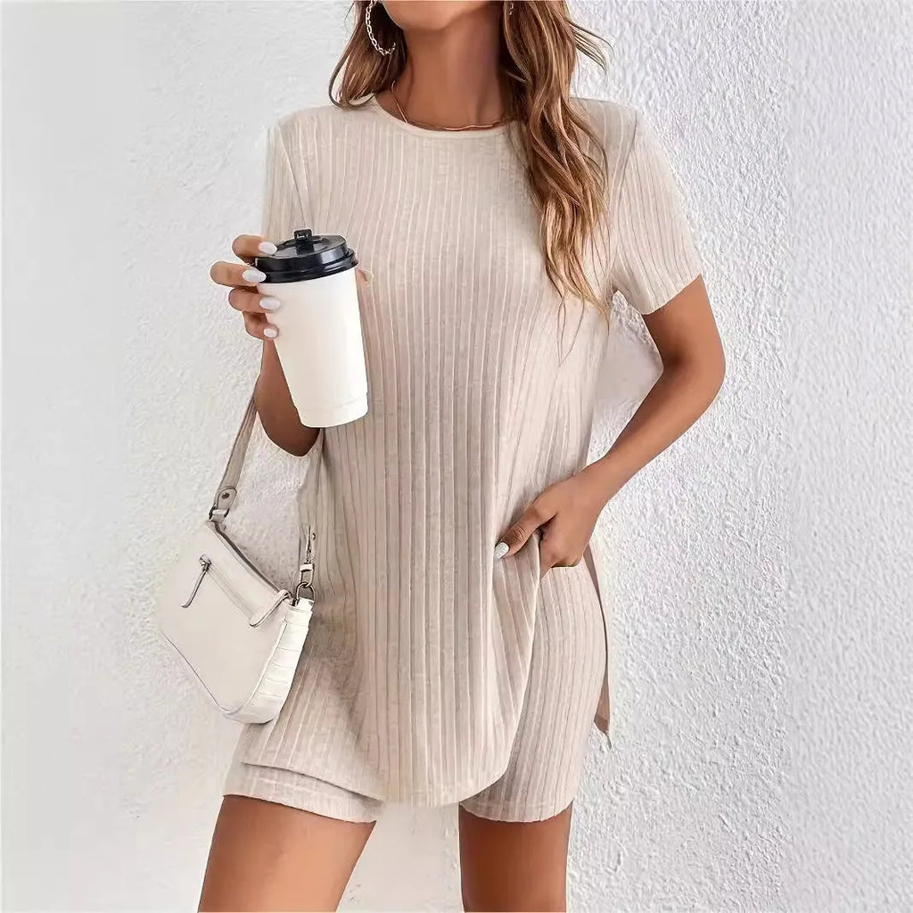 Ladies cotton ribbed crew neck short sleeve top and shorts set in black, grey or khaki