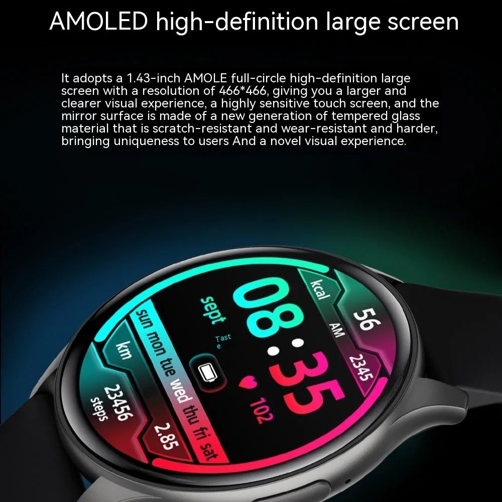 ZW60 smart watch with round AMOLED screen showing health data on wrist, available in multiple colours