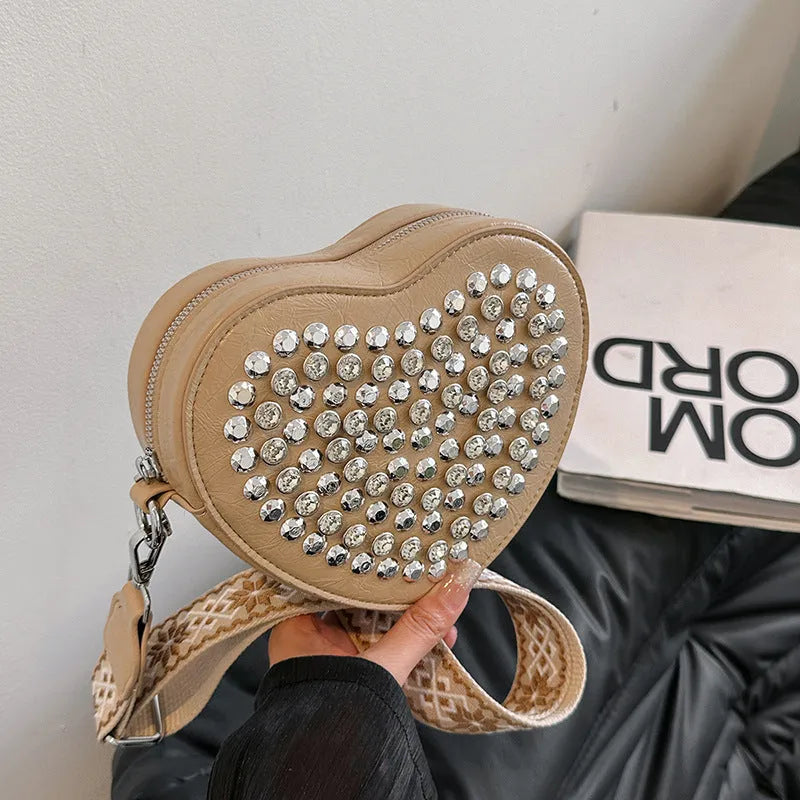 Heart shaped PU crossbody phone bag with western style shoulder strap in black