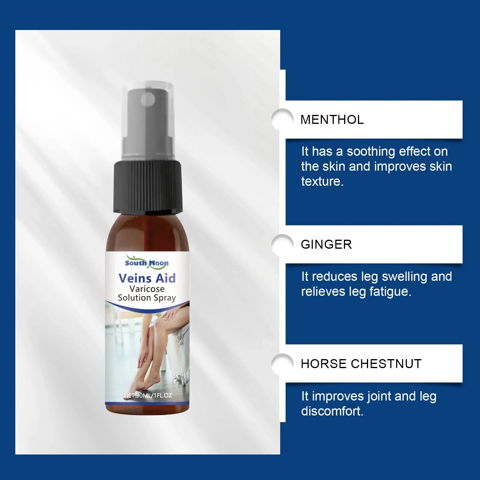 30ml bottle of leg care massage spray with a spray nozzle.