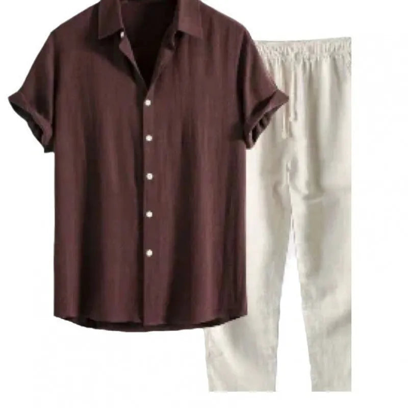 Men's loose-fit casual shirt and trousers set in a linen-look fabric, shown on a model.