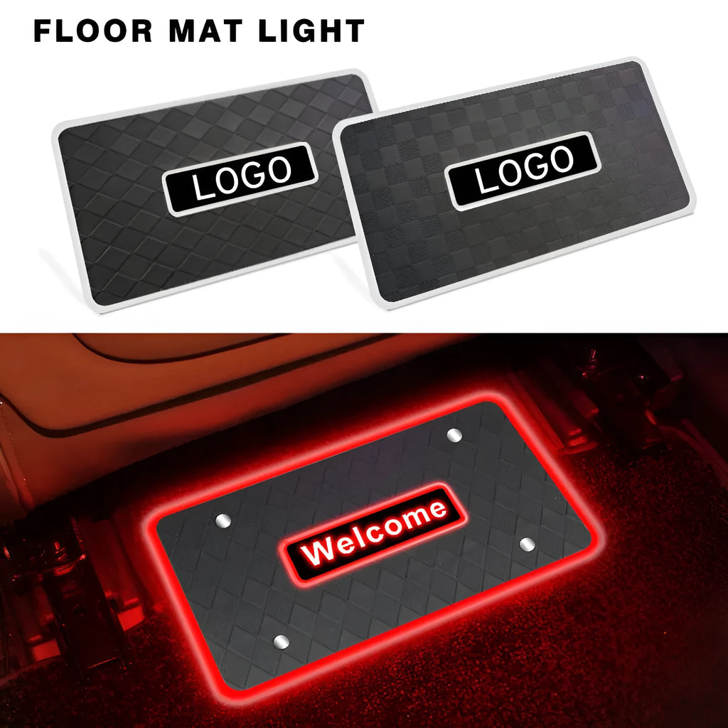 Car foot mat ambient light LED with diamond style faceplate, RGB colour modes, and Bluetooth control installed in vehicle footwell