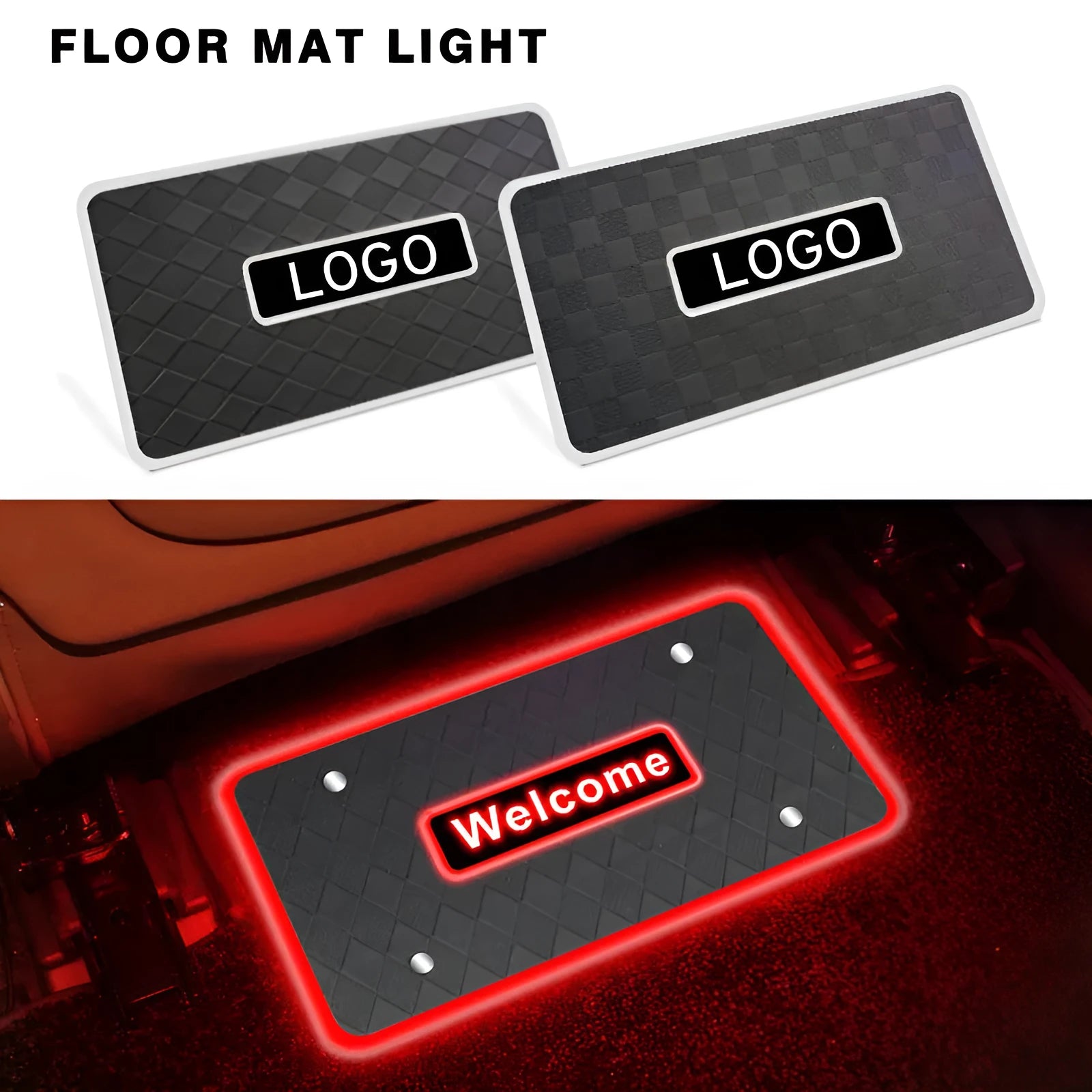 Car foot mat ambient light LED with diamond style faceplate, RGB colour modes, and Bluetooth control installed in vehicle footwell