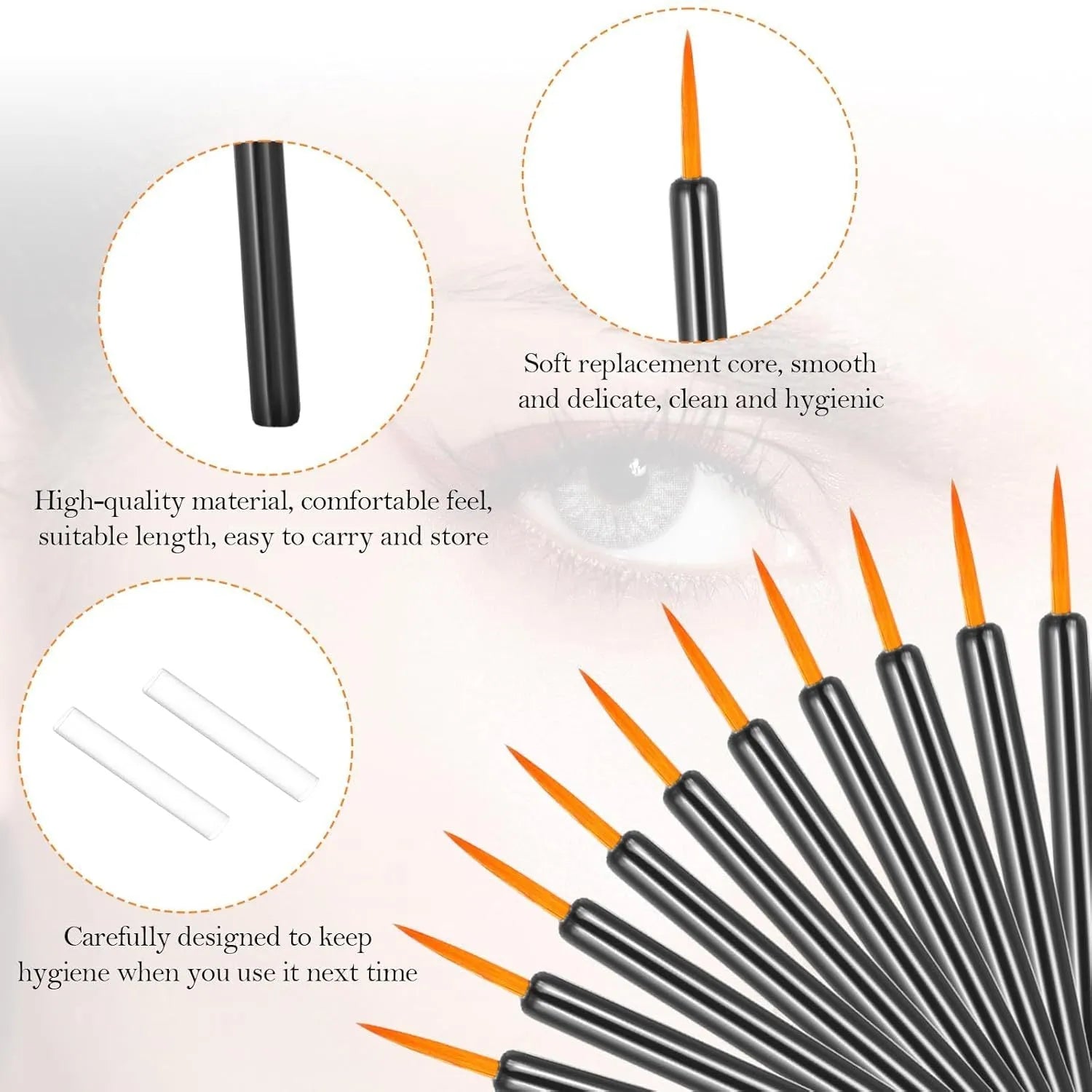 Pack of 100 black disposable eyeliner brushes with fine points and plastic protective sleeves.