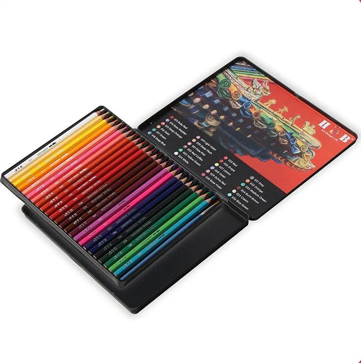 Water-soluble coloured pencil set with 24 colours, brush and iron storage box for artistic drawing and painting