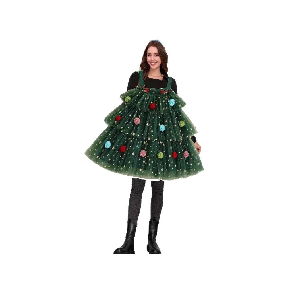 Green mesh polka dot sleeveless tiered dress with colourful ball accents and a suspender skirt design.