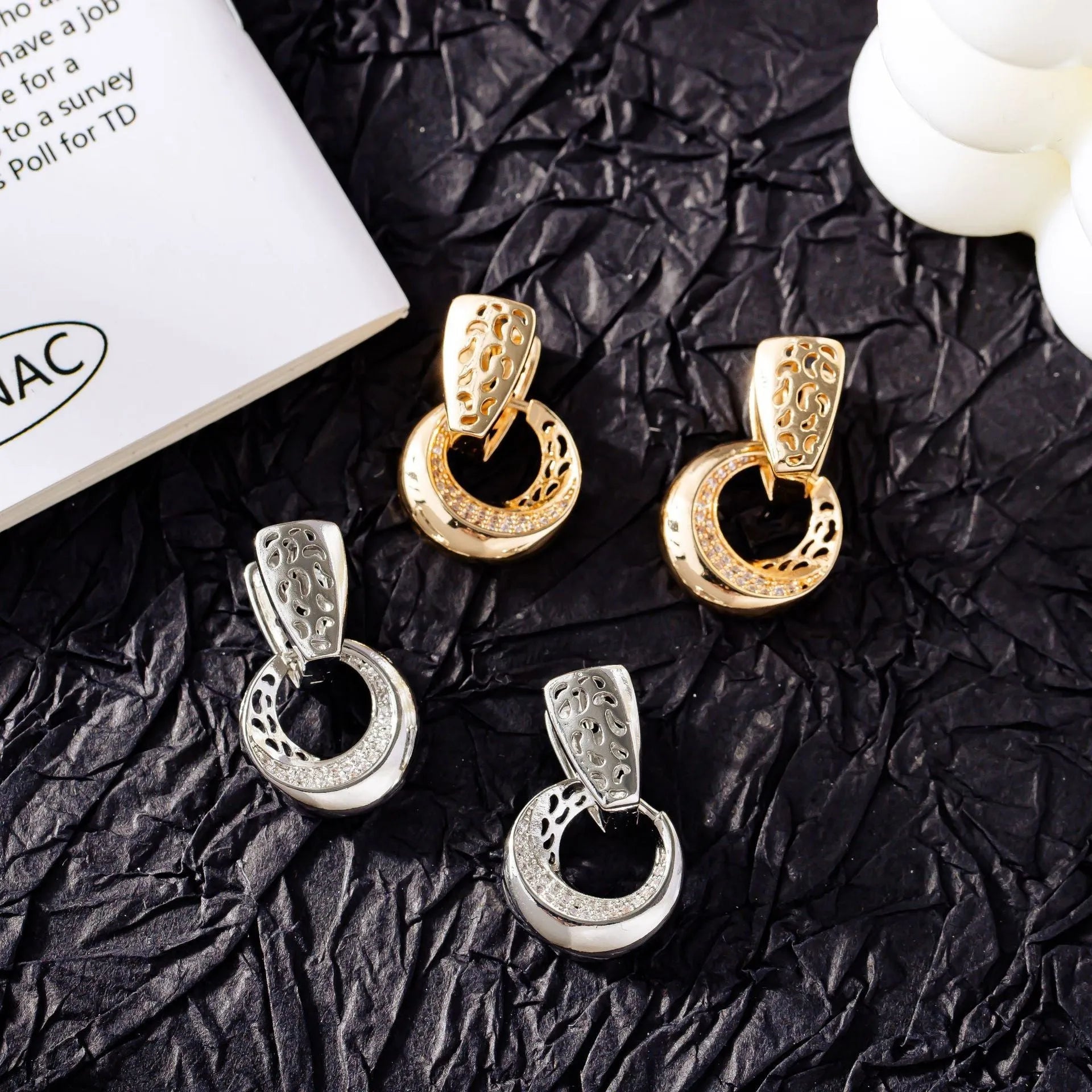Hollow round moon drop earrings with natural zircon inlay, gold and silver copper finish for women
