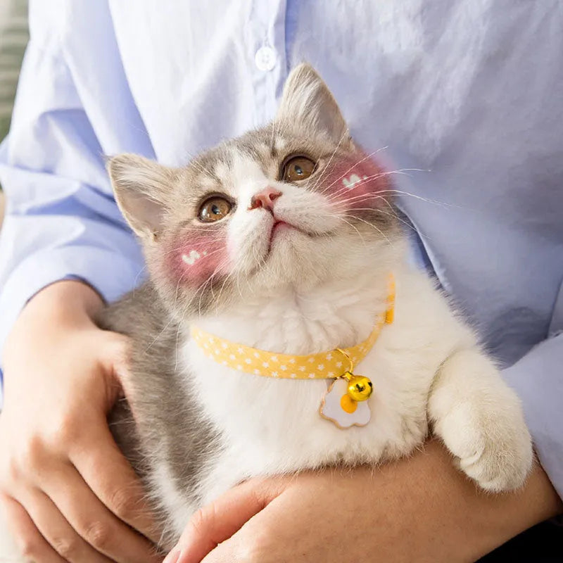 Adjustable cat collar with bell pendant and bow tie in green, pink or yellow for small pets