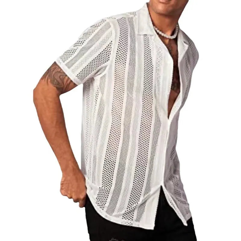 Men's knitted short-sleeve button shirt in black with a cardigan style front.