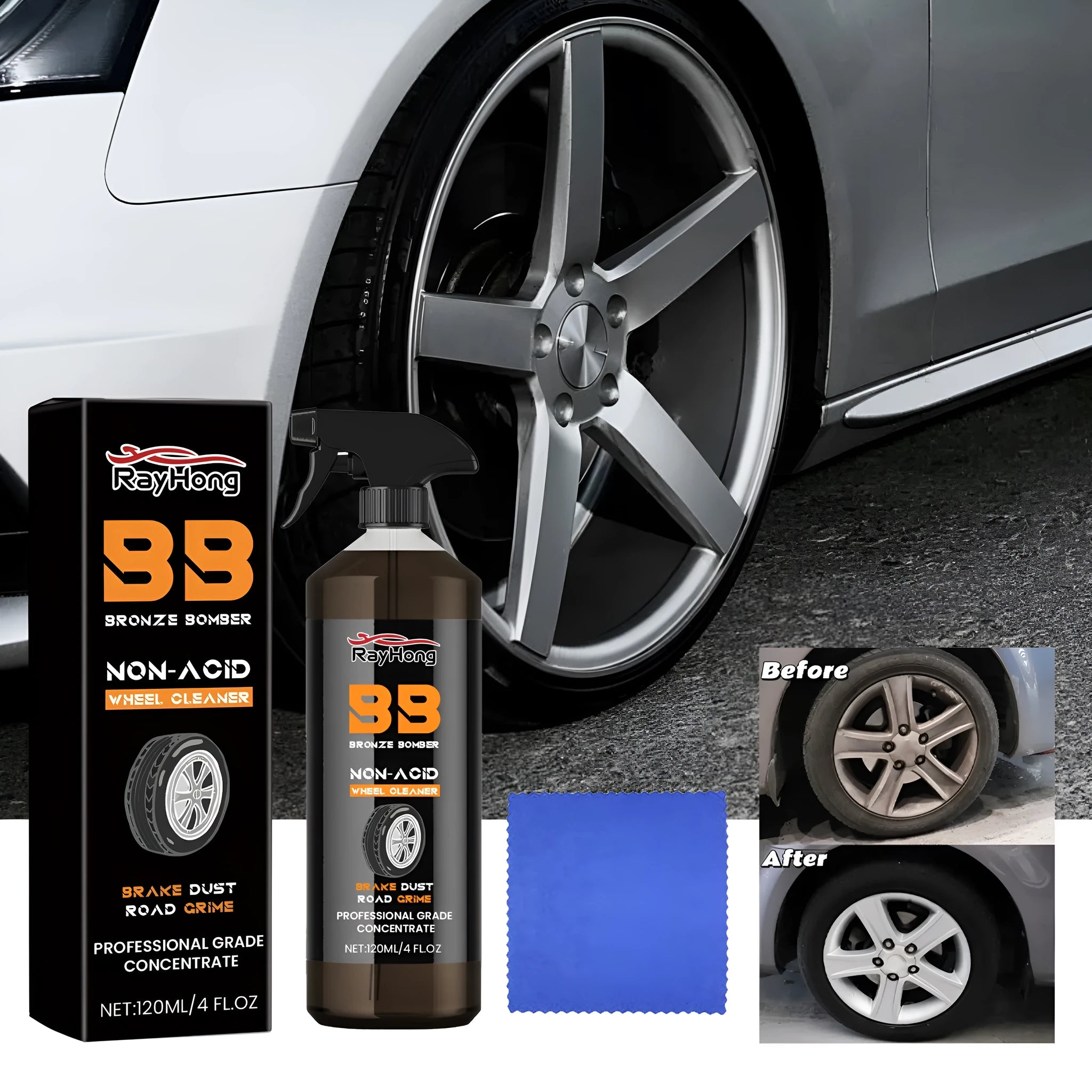 Car tyre cleaner bottle and microfibre towel for alloy wheel cleaning